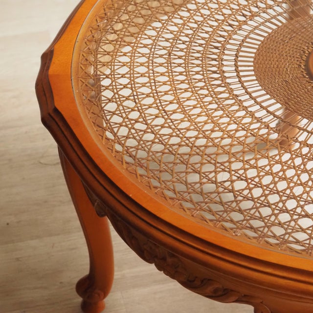 Louis Philippe Round Coffee Table with Wickerwork and Glass Top For Sale - Image 4 of 10