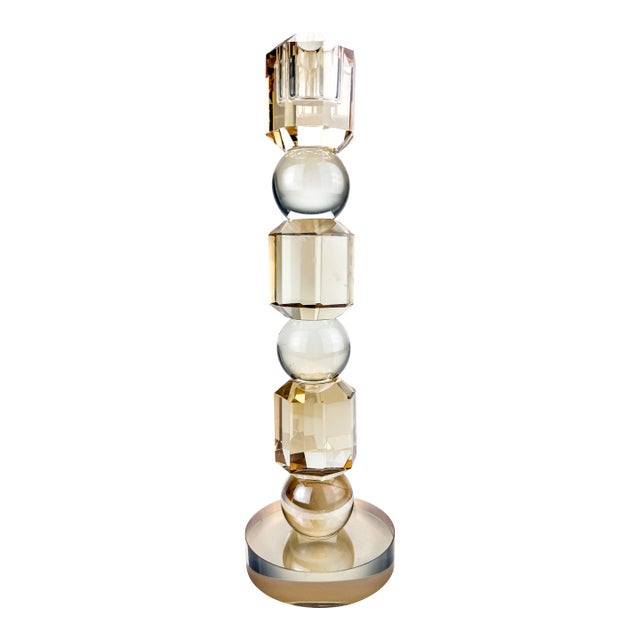 Vintage Geometric Gold Tone Glass Pillar Candle Stick Holder For Sale