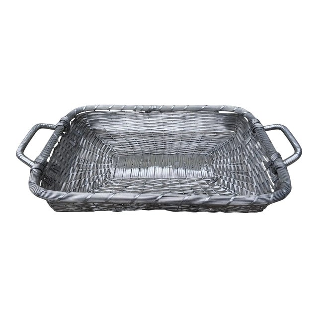 Vintage Silver-plated woven metal wire basket tray with twisted handles and rim detail In the style of Christofle Gallia...