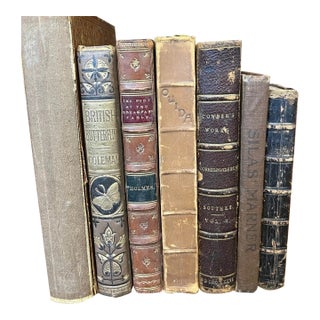 Antique Victorian Book Lot (7) - Leather Spines, British Flora, Poetry & Decor For Sale