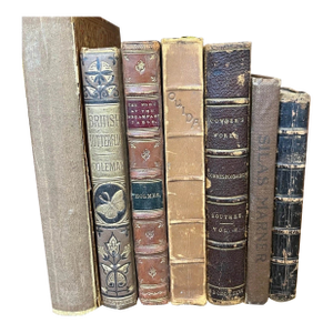Antique Victorian Book Lot (7) - Leather Spines, British Flora, Poetry & Decor