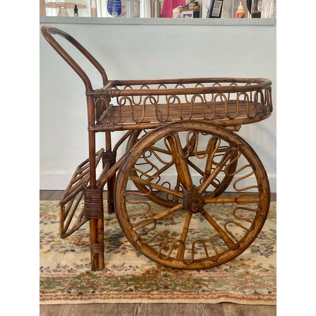 French Riviera Rattan Bar Cart Audoux & Minet 1950s For Sale - Image 9 of 11