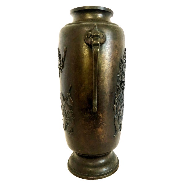 Japanese Meiji Era Patinated Bronze Vase With Peonies and a Child For Sale In San Francisco - Image 6 of 15