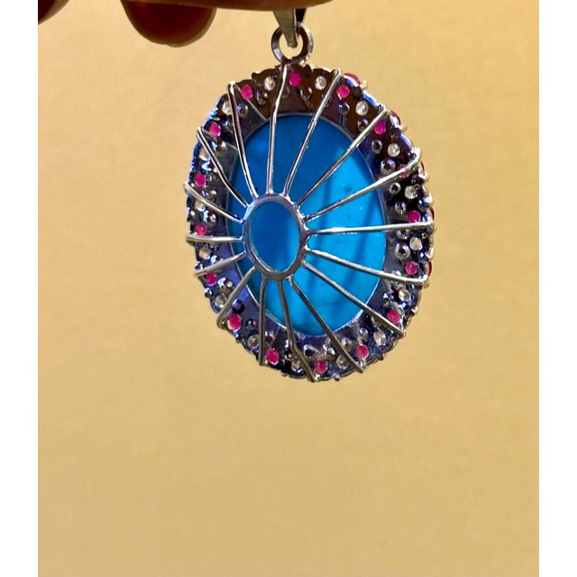 Arts & Crafts GIA Certified 105 Ct Natural Oval Turquoise, Ruby & Diamond Pendant, Sleeping B For Sale - Image 3 of 18