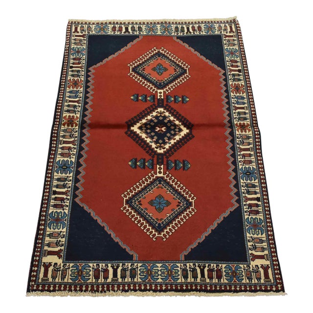 Yalameh Rug 3’4” X 4’10” Red Wool Vintage Tribal Hand-Knotted Carpet For Sale