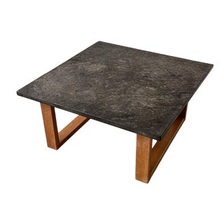 Vintage Belgian Slate and Oak Coffee Table, 1970s For Sale