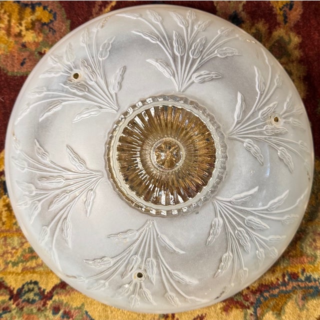 Glass Vintage Frosted Glass Flush Mount Ceiling Light Shade With Prismatic Center – Etched Botanical Motif, 10” For Sale - Image 7 of 14