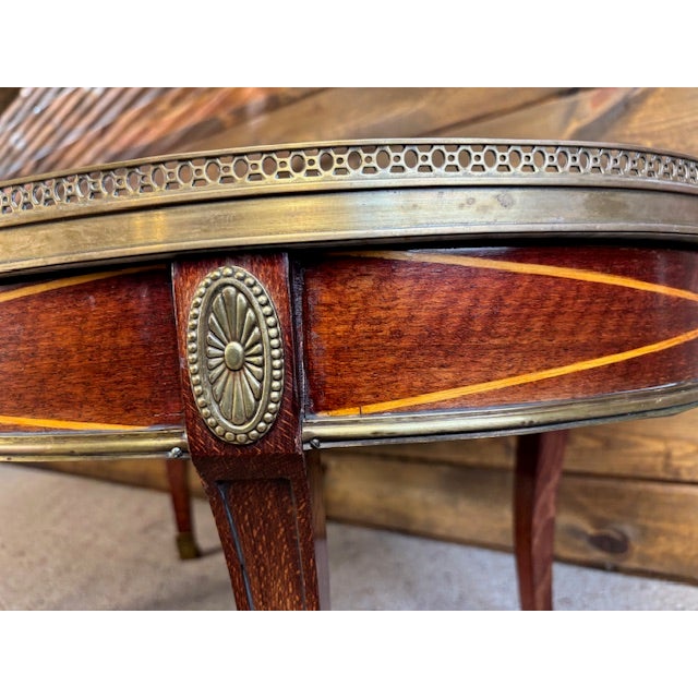 Wood Vintage French Louis XVI Style Oval Coffee Table With Marble Top and Brass Gallery For Sale - Image 7 of 12