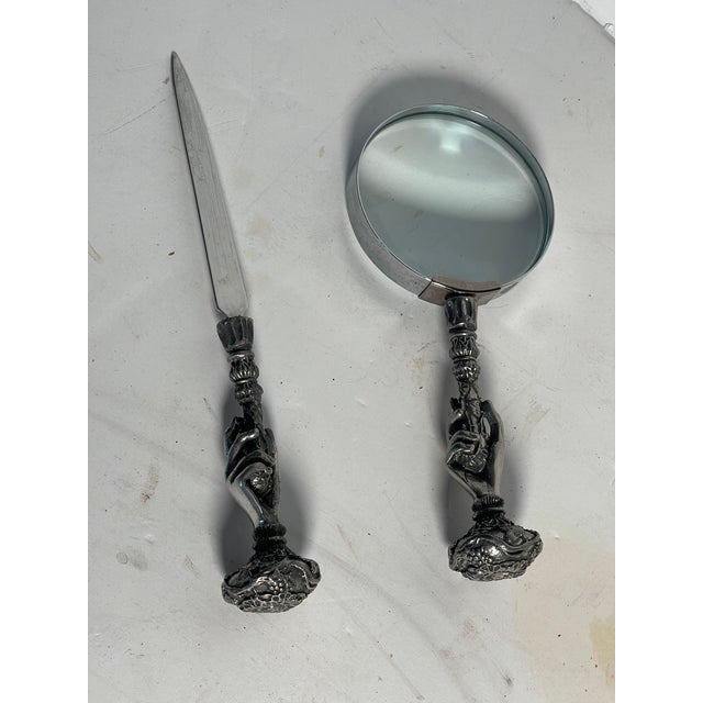 Beautiful vintage desk set of magnifying glass and letters opener with silverplate handles in a shape of hands , nicely...