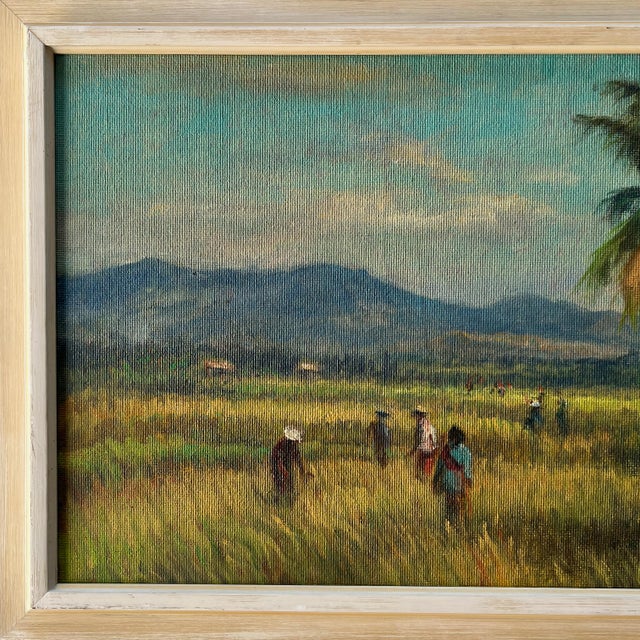 1950's Landscape Painting in Original Frame. Oil on Panel "Palmtrees on Sumatra" For Sale - Image 4 of 7