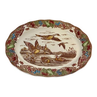 Vintage Mid-Century Modern Large Platter Duck Pond Scene 18x14 Has Japan Sticker Thanksgiving Platter For Sale