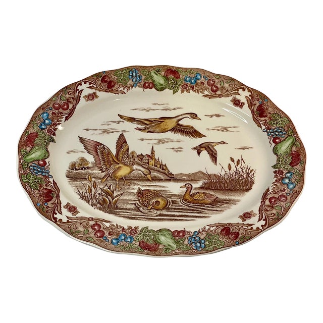 Vintage Mid-Century Modern Large Platter Duck Pond Scene 18x14 Has Japan Sticker Thanksgiving Platter For Sale