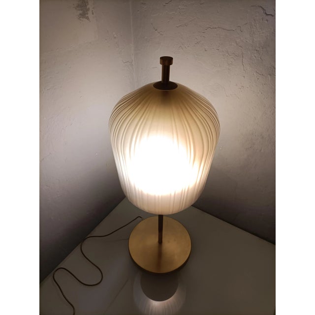 Metal Large Satin Brass & Ribbed Milky Glass Floor Lamp For Sale - Image 7 of 8