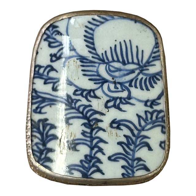 3" Chinese Old White Base Blue Scroll Leaf Graphic Porcelain Art Pewter Box For Sale