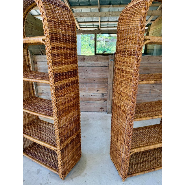 Bielecky Brothers Pair of Vintage Organic Modern Rattan Etagere Shelves With Braided Arch Detail For Sale - Image 4 of 12