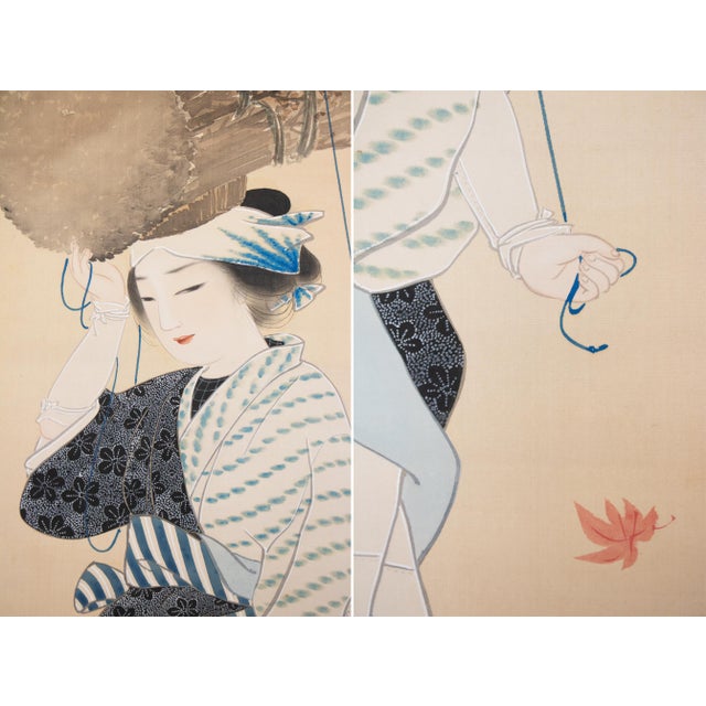 Textile "Oharame" by Ogata Kaho, Meiji to Taisho Era Japanese Silk Painting in Wooden Case For Sale - Image 7 of 15