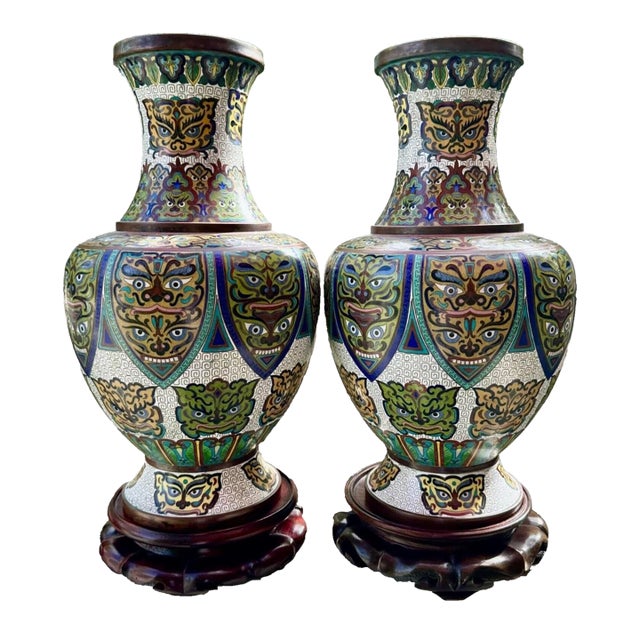 Pair of Mid 19th Century Chinese Cloisonné Enameled Archaistic Vases, Qing Dynasty For Sale