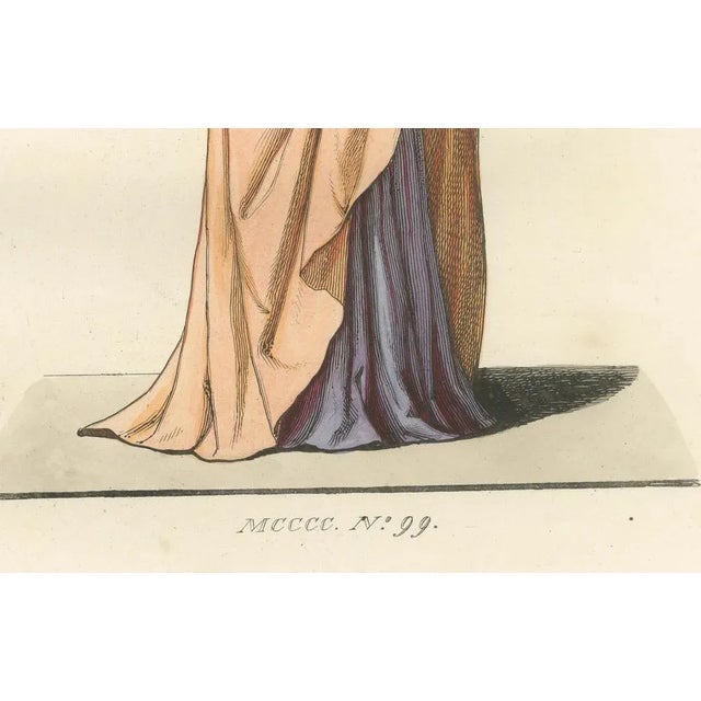 Title: Elegant Noblewoman in Peach and Lavender Cloak, 15th Century Costume Study : This finely hand-colored engraving,...