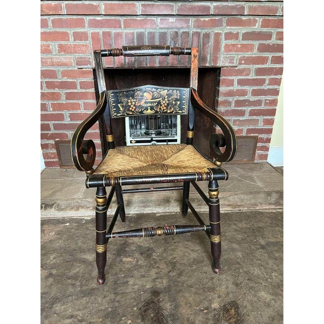 19th Century Antique American Sheraton Hand-Painted Rush Seat Armchair. Unmarked but possibly Hitchcock Black coat with...