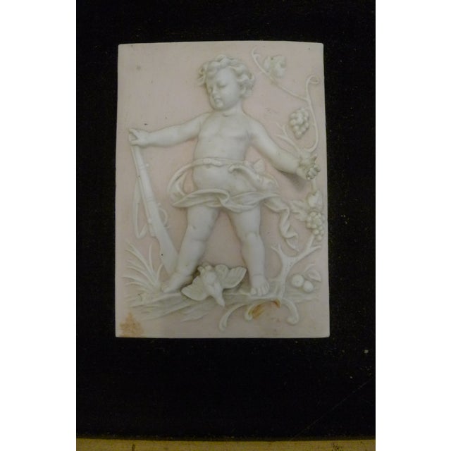 Antique White Vintage Bisque Porcelain Cherub Plaques in a Custom Frame. (4 Figures) For Sale - Image 8 of 18