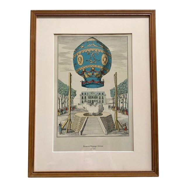 Vintage 1956 Offset Color Lithograph of Montgolfieres French Balloon Print, Framed For Sale