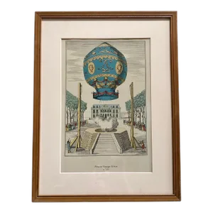 Vintage 1956 Offset Color Lithograph of Montgolfieres French Balloon Print, Framed