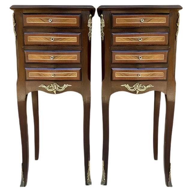 French Louis XV Tulipwood Veneer Bedside Tables or Nightstands, Set of 2 For Sale