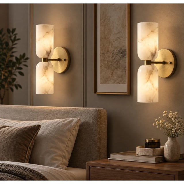 Handcrafted Brass & Natural Alabaster Double Wall Sconces - Pair For Sale - Image 6 of 9
