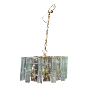 Vintage 6 Arm Brass Beveled Glass Panel Glass Rod Chandelier Hanging Swag Light