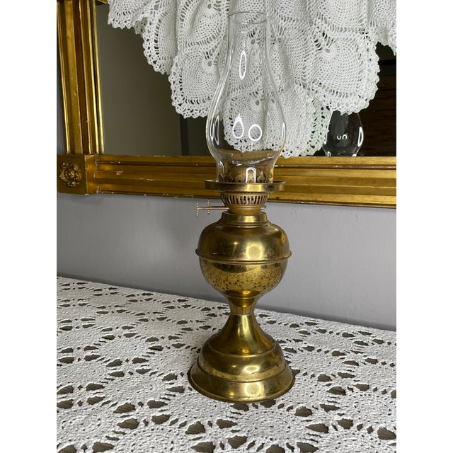 Late 19th Century Victorian Era Heavy Brass Double Wick Oil Lamp and Removable Glass Shade