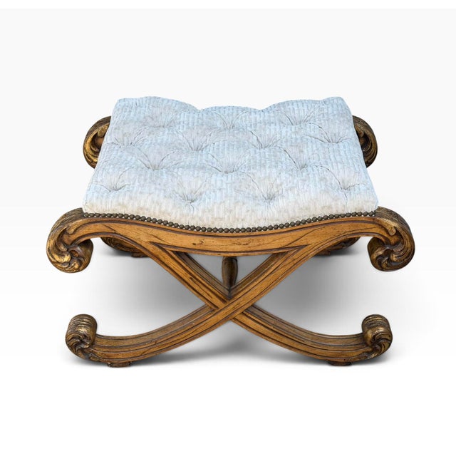 Nancy Corzine 18c Style Regency Giltwood & Tufted Cut Velvet Footstool Ottoman X Bench For Sale - Image 4 of 5