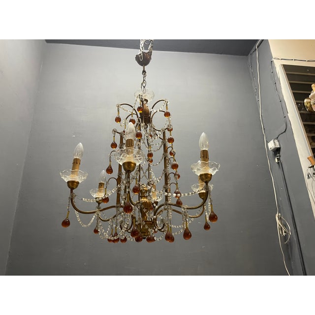Italian Florentine Giltwood and Amber Murano Glass Drop 6-Light Chandelier, 1950s For Sale - Image 12 of 15