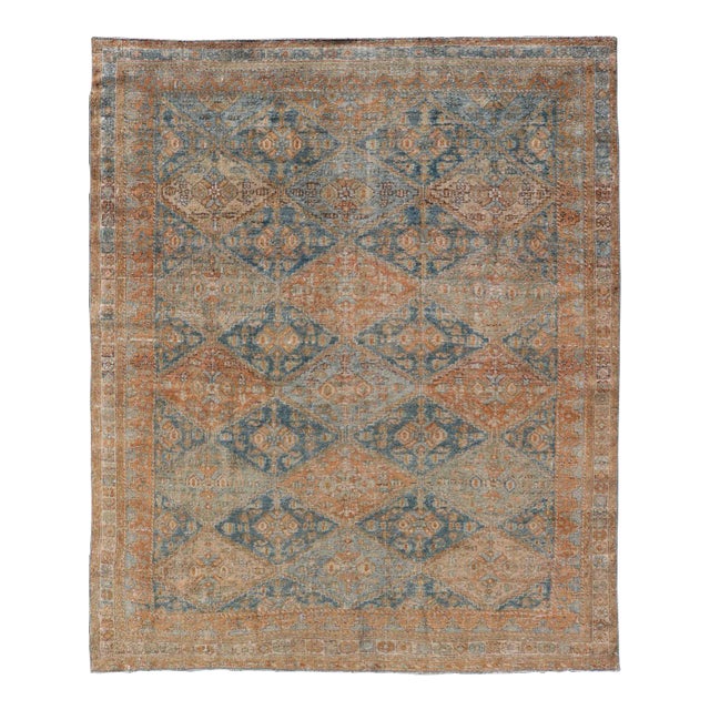 Antique Persian Kurdish Rug With All-Over Geometric Medallion in Orange & Blue 5'2 X 6'6 For Sale