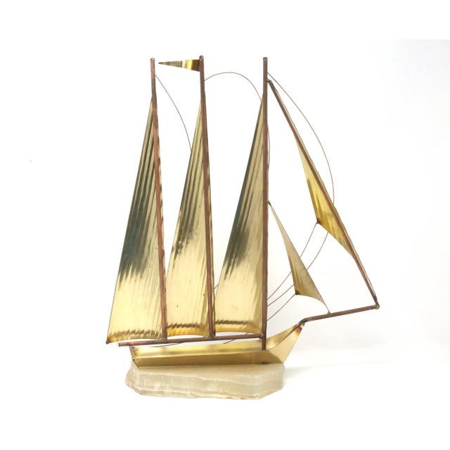 Brass Vintage 15" Tall Brass Clipper Ship on Marble Base Sailboat Office or Desk Decor For Sale - Image 8 of 13