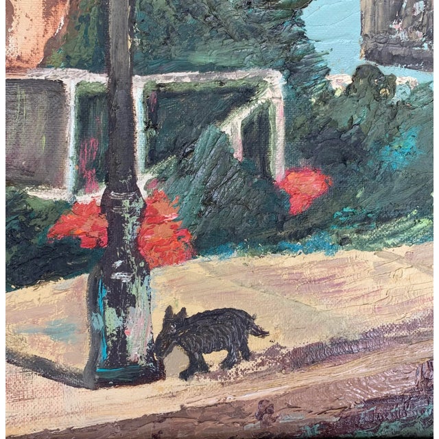 Vintage 1940’s Original Oil Painting of a Street Scene With Black Dog For Sale - Image 4 of 7