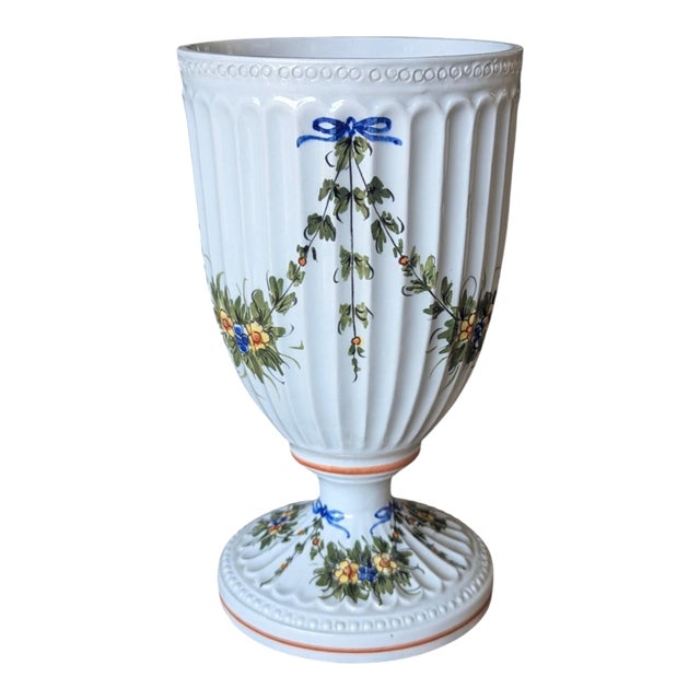 Vintage Italian Hand Painted Porcelain Footed Vase For Sale