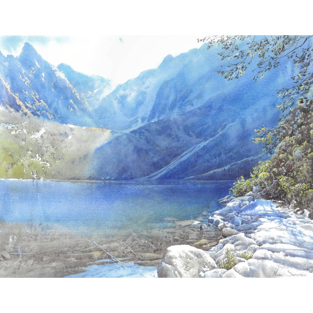This artwork masterfully captures a tranquil alpine scene, where the serene lake mirrors the surrounding majesty of...