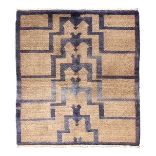 Mid 20th Century Square Mid-Century Modern Turkish Tulu With Tribal Pattern in Blue and Tan Rug For Sale