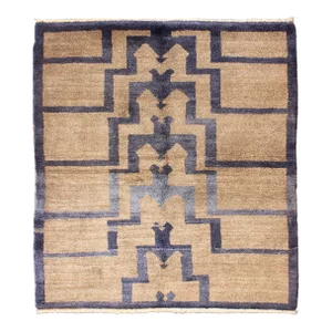 Mid 20th Century Square Mid-Century Modern Turkish Tulu With Tribal Pattern in Blue and Tan Rug