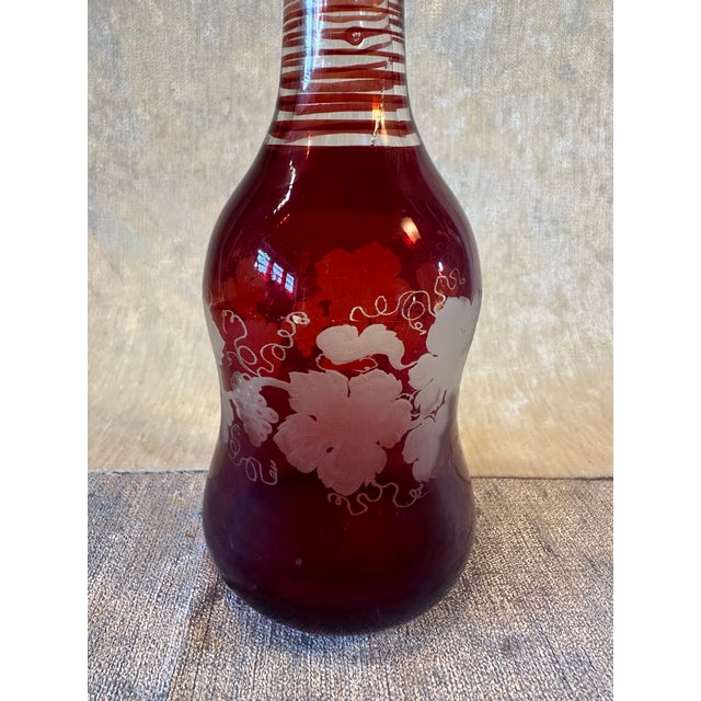 Antique Red Cranberry Glass & White Etched Grapes & Leaves Oil/Vinegar Cruet/ Bottle For Sale - Image 10 of 10