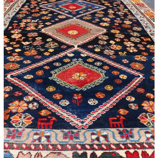 Vintage Persian Tribal Shiraz With Medallion Design on Dark Background 5'3 X 8'4 For Sale - Image 4 of 12