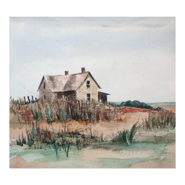 Unknown Barn by the Sea Beachy Watercolor Landscape Late 20th Century For Sale