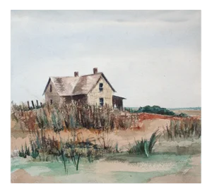 Unknown Barn by the Sea Beachy Watercolor Landscape Late 20th Century
