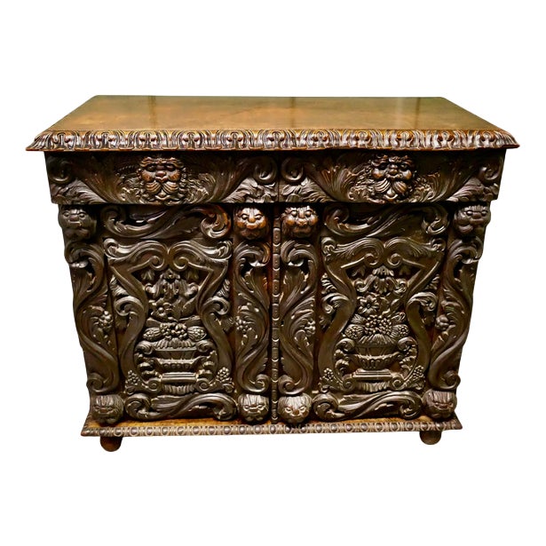 Antique Gothic Carved Oak Cabinet, 1800 For Sale