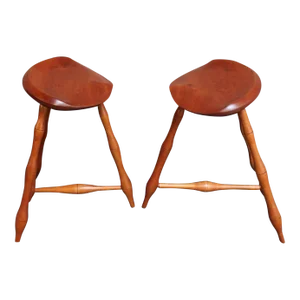 Pair of Vintage Studio Craft Windsor-Style Three Legged Low Stools in Cherrywood