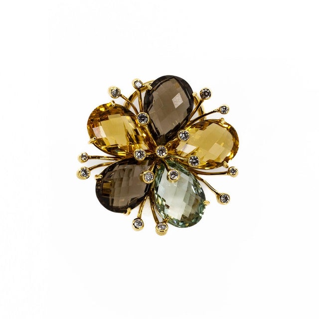 18kt yellow gold topaz, citrine, and diamond flower ring