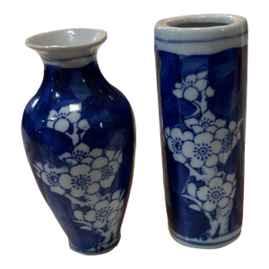 Pair of Vintage Miniature Blue and White Floral Asian Style Vases