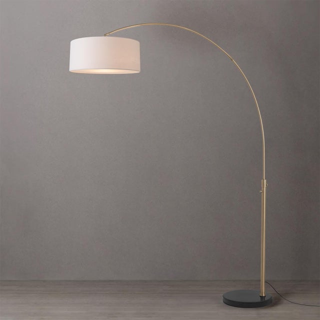 Mid-Century Modern 1950s 92" Adjustable Brass Floor Lamp - Mid Century Modern Arc Lamp, White Linen Shade, Black Marble Base For Sale - Image 3 of 4
