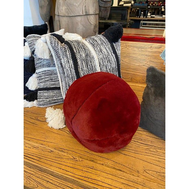 Contemporary Cranberry Faux Fur Ball Pillow For Sale - Image 3 of 4