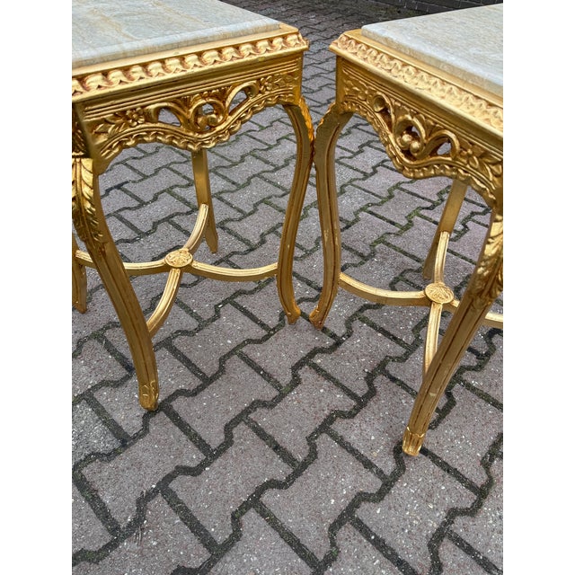1970 French Louis XVI Gold Beech Marble Side Tables - Pair of 2 PCS For Sale - Image 4 of 11